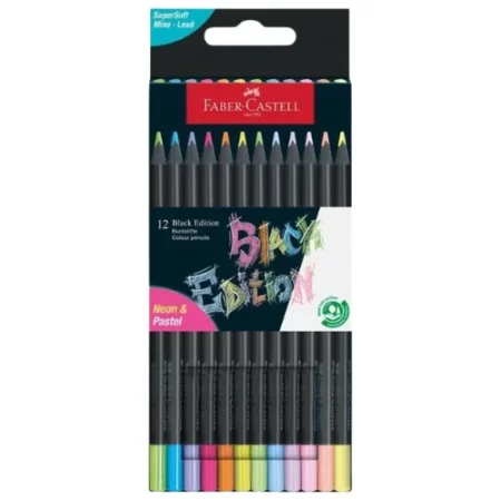 The front of a Set of 12 Faber Castell BLACK Edition Neon and Pastel Colour Pencils is shown vertically in the center of the frame. The box is black and there is a picture of the 12 different coloured pencils on the front of the box. The pencils have a black barrel and a coloured lead and the ends of the pencils are dipped in a colour to indicate the colour of the lead for easy identification. The image is center of the frame and on a white background.