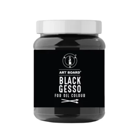 There is a single tub of Artboard Black Gesso 500ml shown vertically in the center of the frame. The tub is clear plastic and you can see the black gesso inside. There is a black label around the body of the tub with white text that describes the product and has the brand name and logo printed on it. It has a white screw on lid. The image is center of the frame and on a white background.