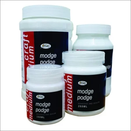 There are 4 plastic bottles with Atlas Modge Podge in different sizes. The bottles are clear and have a white screw on lid with a black label around the body of each bottle that has white text. The image is center of the frame and on a white background.