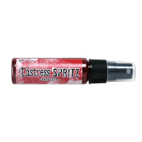 A single bottle of Barn Door Tim Holtz Distress Spritz is shown laying horizontally in the center of the frame. The bottle is a clear plastic with a black plastic spray top and a clear plastic lid. There is a coloured label around the body of the bottle that indicates the colour of the ink. The Distress Logo and product details are printed on the label. The image is center of the frame and on a white background.