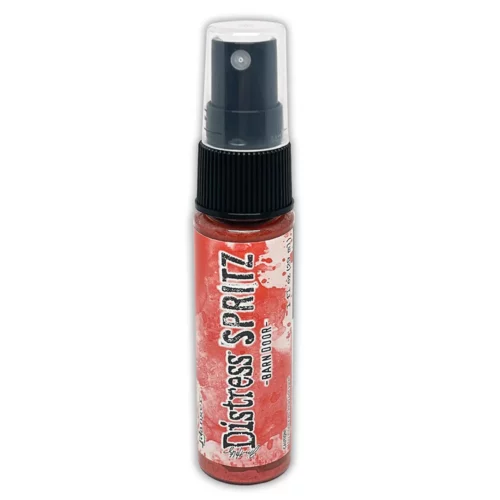 A single bottle of Barn Door Tim Holtz Distress Spritz is shown standing vertically in the center of the frame. The bottle is a clear plastic with a black plastic spray top and a clear plastic lid. There is a coloured label around the body of the bottle that indicates the colour of the ink. The Distress Logo and product details are printed on the label. The image is center of the frame and on a white background.