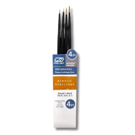 A single Pro-Art Acrylic Brush Set 4 piece is shown vertically in the center of the frame. The paint brushes are seen coming out of the pouch with the bristles facing the top of the frame. The image is center of the frame and on a white backlground.