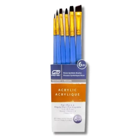 A single Pro-Art Acrylic Brush Set 6 piece is shown vertically in the center of the frame. The paint brushes are seen coming out of the pouch with the bristles facing the top of the frame. The image is center of the frame and on a white backlground.