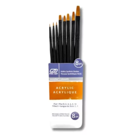 A single Pro-Art Acrylic Brush Set 8 piece is shown vertically in the center of the frame. The paint brushes are seen coming out of the pouch with the bristles facing the top of the frame. The image is center of the frame and on a white background.