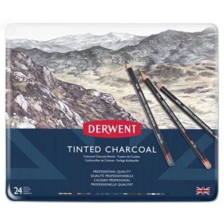 Set of 24 Derwent Tinted Charcoal Pencils is in the center of the image. the tin has an image of a mountain on it and the name of the product. in the center of the image on a white background