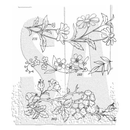 A print out of the front of the Embroidery Tim Holtz Stamp Set is shown in the center of the frame on a white background. There are large numbers printed on the stamp set in black