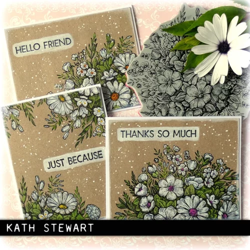 Three cards that were made on kraft cardstock using the Floristry Tim Holtz Stamp Set are shown in the frame, with the floristry stamp laying on top of them in the top right hand corner of the frame. The flowers are coloured in white white and green pencils. The image is cut off by the frame.