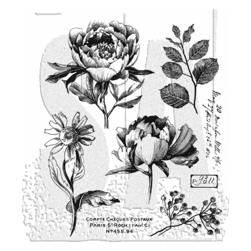 A print out of the front of the French Garden Tim Holtz Stamp Set is shown in the center of the frame on a white background. There are large numbers printed on the stamp set in black