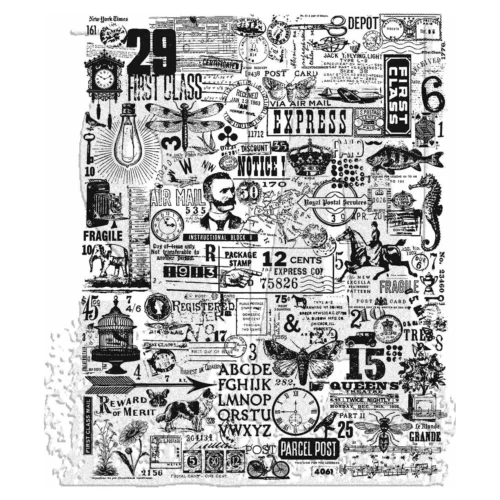 A print out of the front of the Hodgepodge Tim Holtz Stamp Set is shown in the center of the frame on a white background. There are large numbers printed on the stamp set in black