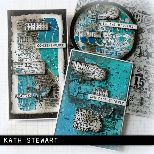 Three cards that were made using the Hodgepodge Tim Holtz Stamp Set are shown in the frame. They are blue and turquoise in colour with black stamped imagery and each card has a sentiment.