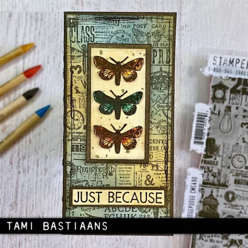 A single card that was made using the Hodgepodge Tim Holtz Stamp Set is shown in the frame. The card has the imagery stamped in the background and three butterflies on top. There is a sentiment on the front of the card. There are 4 Tim Holtz pencils adown the left hand side of the frame. The image is cut off by the frame.