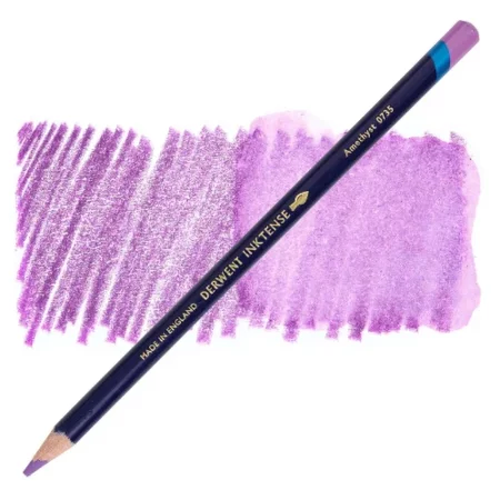 A single Amethyst Derwent Inktense Colour Pencil is shown diagonally across the center of the frame. The pencil is pointing with it's lead facing towards the bottom left hand corner. The barrel of the pencil is blue and the end of the pencil is colour dipped to match the colour of the lead for easy identification. There is text down the barrel of the pencil with the colour name and brand name. There is a colour swatch of the pencil in the background, that runs horizontally across the center of the frame. The image is center of the frame and on a white background.