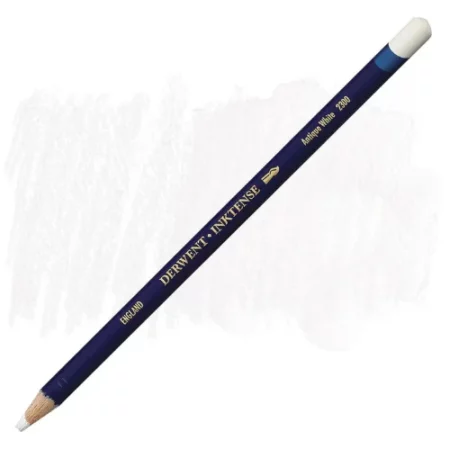 A single Antique White Derwent Inktense Colour Pencil is shown diagonally across the center of the frame. The pencil is pointing with it's lead facing towards the bottom left hand corner. The barrel of the pencil is blue and the end of the pencil is colour dipped to match the colour of the lead for easy identification. There is text down the barrel of the pencil with the colour name and brand name. There is a colour swatch of the pencil in the background, that runs horizontally across the center of the frame. The image is center of the frame and on a white background.