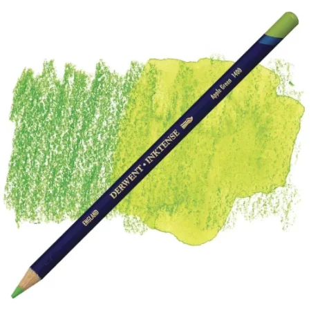 A single Apple Green Derwent Inktense Colour Pencil is shown diagonally across the center of the frame. The pencil is pointing with it's lead facing towards the bottom left hand corner. The barrel of the pencil is blue and the end of the pencil is colour dipped to match the colour of the lead for easy identification. There is text down the barrel of the pencil with the colour name and brand name. There is a colour swatch of the pencil in the background, that runs horizontally across the center of the frame. The image is center of the frame and on a white background.