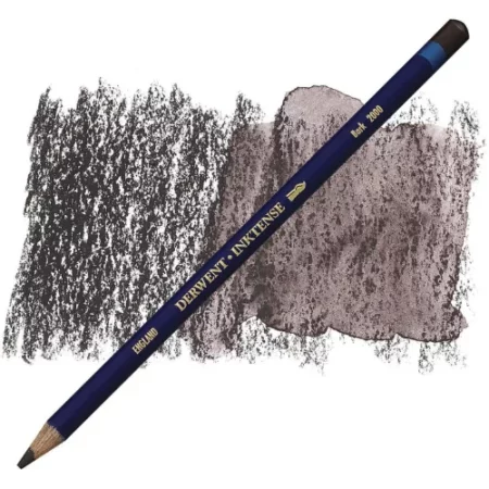 A single Bark Derwent Inktense Colour Pencil is shown diagonally across the center of the frame. The pencil is pointing with it's lead facing towards the bottom left hand corner. The barrel of the pencil is blue and the end of the pencil is colour dipped to match the colour of the lead for easy identification. There is text down the barrel of the pencil with the colour name and brand name. There is a colour swatch of the pencil in the background, that runs horizontally across the center of the frame. The image is center of the frame and on a white background.