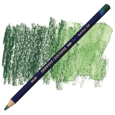 A single Beech Green Derwent Inktense Colour Pencil is shown diagonally across the center of the frame. The pencil is pointing with it's lead facing towards the bottom left hand corner. The barrel of the pencil is blue and the end of the pencil is colour dipped to match the colour of the lead for easy identification. There is text down the barrel of the pencil with the colour name and brand name. There is a colour swatch of the pencil in the background, that runs horizontally across the center of the frame. The image is center of the frame and on a white background