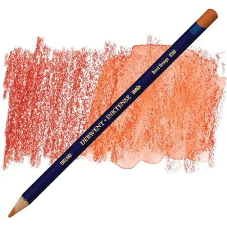 A single Burnt Orange Derwent Inktense Colour Pencil is shown diagonally across the center of the frame. The pencil is pointing with it's lead facing towards the bottom left hand corner. The barrel of the pencil is blue and the end of the pencil is colour dipped to match the colour of the lead for easy identification. There is text down the barrel of the pencil with the colour name and brand name. There is a colour swatch of the pencil in the background, that runs horizontally across the center of the frame. The image is center of the frame and on a white background.