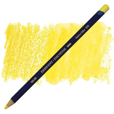 A single Cadmium Yellow Derwent Inktense Colour Pencil is shown diagonally across the center of the frame. The pencil is pointing with it's lead facing towards the bottom left hand corner. The barrel of the pencil is blue and the end of the pencil is colour dipped to match the colour of the lead for easy identification. There is text down the barrel of the pencil with the colour name and brand name. There is a colour swatch of the pencil in the background, that runs horizontally across the center of the frame. The image is center of the frame and on a white background.