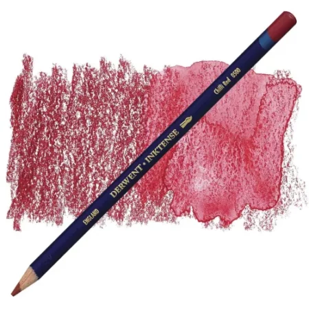 A single Chilli Red Derwent Inktense Colour Pencil is shown diagonally across the center of the frame. The pencil is pointing with it's lead facing towards the bottom left hand corner. The barrel of the pencil is blue and the end of the pencil is colour dipped to match the colour of the lead for easy identification. There is text down the barrel of the pencil with the colour name and brand name. There is a colour swatch of the pencil in the background, that runs horizontally across the center of the frame. The image is center of the frame and on a white background.