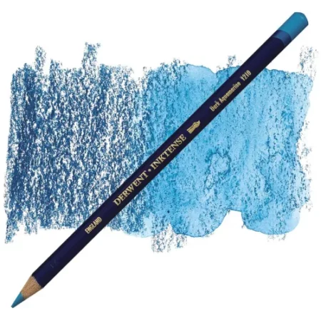 A single Dark Aquamarine Derwent Inktense Colour Pencil is shown diagonally across the center of the frame. The pencil is pointing with it's lead facing towards the bottom left hand corner. The barrel of the pencil is blue and the end of the pencil is colour dipped to match the colour of the lead for easy identification. There is text down the barrel of the pencil with the colour name and brand name. There is a colour swatch of the pencil in the background, that runs horizontally across the center of the frame. The image is center of the frame and on a white background