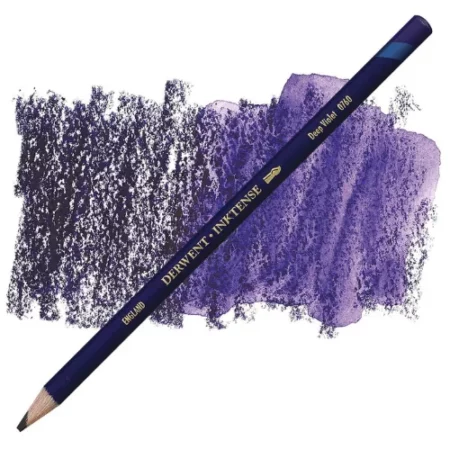 A single Deep Violet Derwent Inktense Colour Pencil is shown diagonally across the center of the frame. The pencil is pointing with it's lead facing towards the bottom left hand corner. The barrel of the pencil is blue and the end of the pencil is colour dipped to match the colour of the lead for easy identification. There is text down the barrel of the pencil with the colour name and brand name. There is a colour swatch of the pencil in the background, that runs horizontally across the center of the frame. The image is center of the frame and on a white background