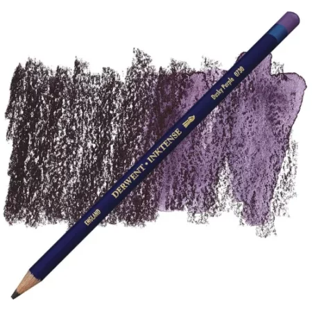 A single Dusky Purple Derwent Inktense Colour Pencil is shown diagonally across the center of the frame. The pencil is pointing with it's lead facing towards the bottom left hand corner. The barrel of the pencil is blue and the end of the pencil is colour dipped to match the colour of the lead for easy identification. There is text down the barrel of the pencil with the colour name and brand name. There is a colour swatch of the pencil in the background, that runs horizontally across the center of the frame. The image is center of the frame and on a white background.