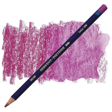 A single Fuchsia Derwent Inktense Colour Pencil is shown diagonally across the center of the frame. The pencil is pointing with it's lead facing towards the bottom left hand corner. The barrel of the pencil is blue and the end of the pencil is colour dipped to match the colour of the lead for easy identification. There is text down the barrel of the pencil with the colour name and brand name. There is a colour swatch of the pencil in the background, that runs horizontally across the center of the frame. The image is center of the frame and on a white background.