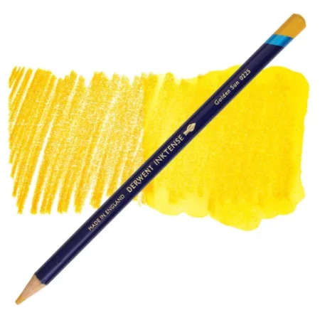 A single Golden Sun Derwent Inktense Colour Pencil is shown diagonally across the center of the frame. The pencil is pointing with it's lead facing towards the bottom left hand corner. The barrel of the pencil is blue and the end of the pencil is colour dipped to match the colour of the lead for easy identification. There is text down the barrel of the pencil with the colour name and brand name. There is a colour swatch of the pencil in the background, that runs horizontally across the center of the frame. The image is center of the frame and on a white background