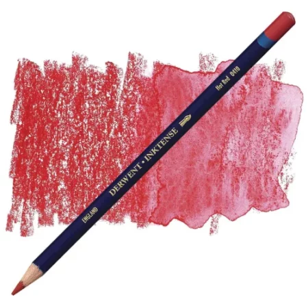 A single Hot Red Derwent Inktense Colour Pencil is shown diagonally across the center of the frame. The pencil is pointing with it's lead facing towards the bottom left hand corner. The barrel of the pencil is blue and the end of the pencil is colour dipped to match the colour of the lead for easy identification. There is text down the barrel of the pencil with the colour name and brand name. There is a colour swatch of the pencil in the background, that runs horizontally across the center of the frame. The image is center of the frame and on a white background.