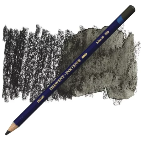 A single Indian Ink Derwent Inktense Colour Pencil is shown diagonally across the center of the frame. The pencil is pointing with it's lead facing towards the bottom left hand corner. The barrel of the pencil is blue and the end of the pencil is colour dipped to match the colour of the lead for easy identification. There is text down the barrel of the pencil with the colour name and brand name. There is a colour swatch of the pencil in the background, that runs horizontally across the center of the frame. The image is center of the frame and on a white background.