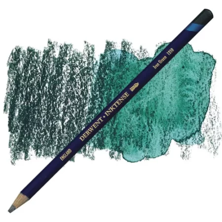 A single Iron Green Derwent Inktense Colour Pencil is shown diagonally across the center of the frame. The pencil is pointing with it's lead facing towards the bottom left hand corner. The barrel of the pencil is blue and the end of the pencil is colour dipped to match the colour of the lead for easy identification. There is text down the barrel of the pencil with the colour name and brand name. There is a colour swatch of the pencil in the background, that runs horizontally across the center of the frame. The image is center of the frame and on a white background.