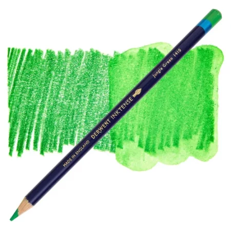 A single Jungle Green Derwent Inktense Colour Pencil is shown diagonally across the center of the frame. The pencil is pointing with it's lead facing towards the bottom left hand corner. The barrel of the pencil is blue and the end of the pencil is colour dipped to match the colour of the lead for easy identification. There is text down the barrel of the pencil with the colour name and brand name. There is a colour swatch of the pencil in the background, that runs horizontally across the center of the frame. The image is center of the frame and on a white background.