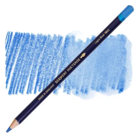 A single Lapis Blue Derwent Inktense Colour Pencil is shown diagonally across the center of the frame. The pencil is pointing with it's lead facing towards the bottom left hand corner. The barrel of the pencil is blue and the end of the pencil is colour dipped to match the colour of the lead for easy identification. There is text down the barrel of the pencil with the colour name and brand name. There is a colour swatch of the pencil in the background, that runs horizontally across the center of the frame. The image is center of the frame and on a white background.