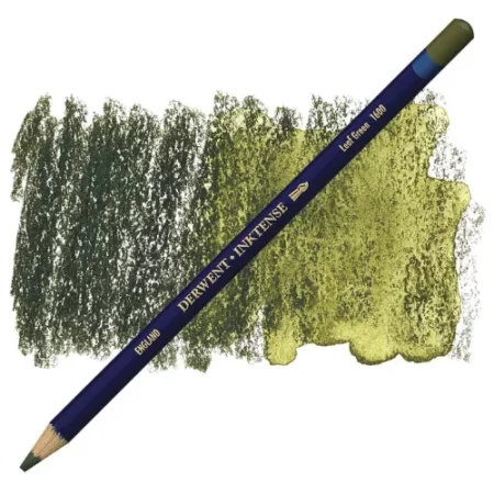 A single Leaf Green Derwent Inktense Colour Pencil is shown diagonally across the center of the frame. The pencil is pointing with it's lead facing towards the bottom left hand corner. The barrel of the pencil is blue and the end of the pencil is colour dipped to match the colour of the lead for easy identification. There is text down the barrel of the pencil with the colour name and brand name. There is a colour swatch of the pencil in the background, that runs horizontally across the center of the frame. The image is center of the frame and on a white background.