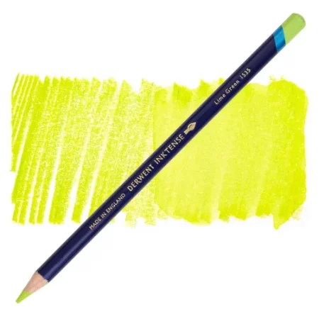 A single Lime Green Derwent Inktense Colour Pencil is shown diagonally across the center of the frame. The pencil is pointing with it's lead facing towards the bottom left hand corner. The barrel of the pencil is blue and the end of the pencil is colour dipped to match the colour of the lead for easy identification. There is text down the barrel of the pencil with the colour name and brand name. There is a colour swatch of the pencil in the background, that runs horizontally across the center of the frame. The image is center of the frame and on a white background.