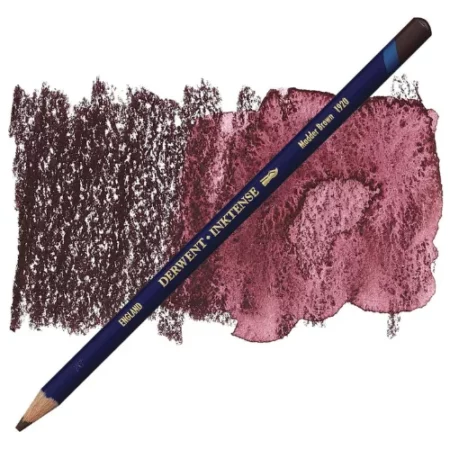 A single Madder Brown Derwent Inktense Colour Pencil is shown diagonally across the center of the frame. The pencil is pointing with it's lead facing towards the bottom left hand corner. The barrel of the pencil is blue and the end of the pencil is colour dipped to match the colour of the lead for easy identification. There is text down the barrel of the pencil with the colour name and brand name. There is a colour swatch of the pencil in the background, that runs horizontally across the center of the frame. The image is center of the frame and on a white background.