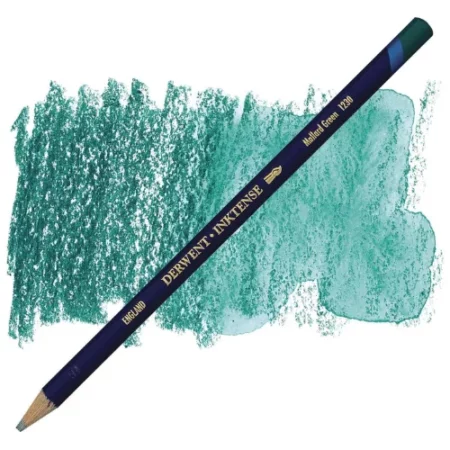 A single Mallard Green Derwent Inktense Colour Pencil is shown diagonally across the center of the frame. The pencil is pointing with it's lead facing towards the bottom left hand corner. The barrel of the pencil is blue and the end of the pencil is colour dipped to match the colour of the lead for easy identification. There is text down the barrel of the pencil with the colour name and brand name. There is a colour swatch of the pencil in the background, that runs horizontally across the center of the frame. The image is center of the frame and on a white background.