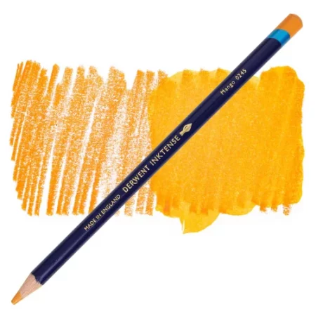 A single Mango Derwent Inktense Colour Pencil is shown diagonally across the center of the frame. The pencil is pointing with it's lead facing towards the bottom left hand corner. The barrel of the pencil is blue and the end of the pencil is colour dipped to match the colour of the lead for easy identification. There is text down the barrel of the pencil with the colour name and brand name. There is a colour swatch of the pencil in the background, that runs horizontally across the center of the frame. The image is center of the frame and on a white background