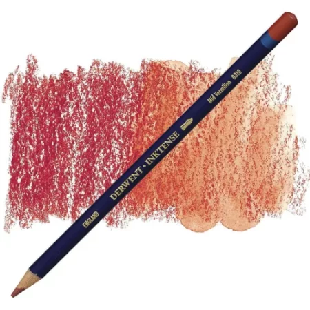 A single Mid Vermilion Derwent Inktense Colour Pencil is shown diagonally across the center of the frame. The pencil is pointing with it's lead facing towards the bottom left hand corner. The barrel of the pencil is blue and the end of the pencil is colour dipped to match the colour of the lead for easy identification. There is text down the barrel of the pencil with the colour name and brand name. There is a colour swatch of the pencil in the background, that runs horizontally across the center of the frame. The image is center of the frame and on a white background.