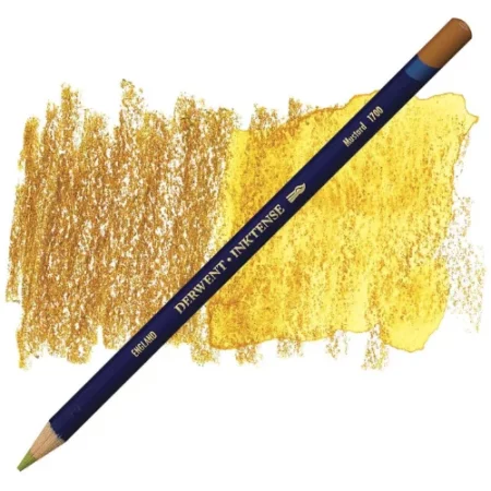 A single Mustard Derwent Inktense Colour Pencil is shown diagonally across the center of the frame. The pencil is pointing with it's lead facing towards the bottom left hand corner. The barrel of the pencil is blue and the end of the pencil is colour dipped to match the colour of the lead for easy identification. There is text down the barrel of the pencil with the colour name and brand name. There is a colour swatch of the pencil in the background, that runs horizontally across the center of the frame. The image is center of the frame and on a white background.