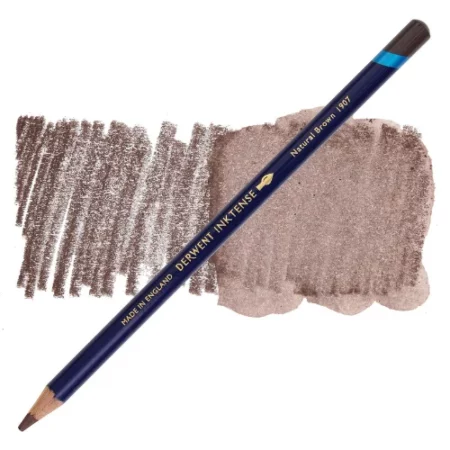 A single Natural Brown Derwent Inktense Colour Pencil is shown diagonally across the center of the frame. The pencil is pointing with it's lead facing towards the bottom left hand corner. The barrel of the pencil is blue and the end of the pencil is colour dipped to match the colour of the lead for easy identification. There is text down the barrel of the pencil with the colour name and brand name. There is a colour swatch of the pencil in the background, that runs horizontally across the center of the frame. The image is center of the frame and on a white background.