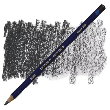 A single Outliner Derwent Inktense Colour Pencil is shown diagonally across the center of the frame. The pencil is pointing with it's lead facing towards the bottom left hand corner. The barrel of the pencil is blue and the end of the pencil is colour dipped to match the colour of the lead for easy identification. There is text down the barrel of the pencil with the colour name and brand name. There is a colour swatch of the pencil in the background, that runs horizontally across the center of the frame. The image is center of the frame and on a white background.