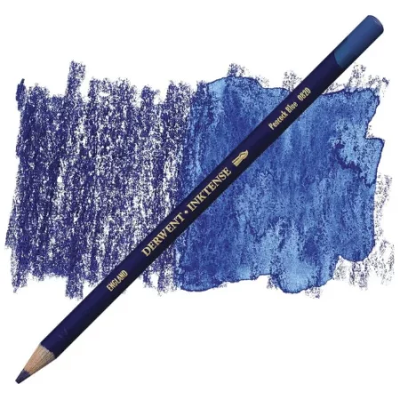 A single Peacock Blue Derwent Inktense Colour Pencil is shown diagonally across the center of the frame. The pencil is pointing with it's lead facing towards the bottom left hand corner. The barrel of the pencil is blue and the end of the pencil is colour dipped to match the colour of the lead for easy identification. There is text down the barrel of the pencil with the colour name and brand name. There is a colour swatch of the pencil in the background, that runs horizontally across the center of the frame. The image is center of the frame and on a white background.