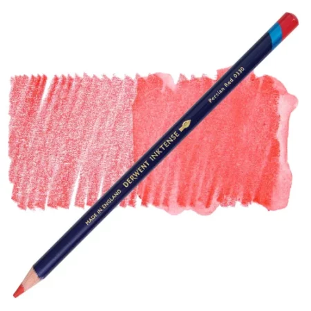 A single Persian Red Derwent Inktense Colour Pencil is shown diagonally across the center of the frame. The pencil is pointing with it's lead facing towards the bottom left hand corner. The barrel of the pencil is blue and the end of the pencil is colour dipped to match the colour of the lead for easy identification. There is text down the barrel of the pencil with the colour name and brand name. There is a colour swatch of the pencil in the background, that runs horizontally across the center of the frame. The image is center of the frame and on a white background