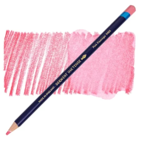 A single Pink Flamingo Derwent Inktense Colour Pencil is shown diagonally across the center of the frame. The pencil is pointing with it's lead facing towards the bottom left hand corner. The barrel of the pencil is blue and the end of the pencil is colour dipped to match the colour of the lead for easy identification. There is text down the barrel of the pencil with the colour name and brand name. There is a colour swatch of the pencil in the background, that runs horizontally across the center of the frame. The image is center of the frame and on a white background.