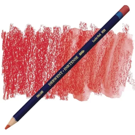 A single Scarlet Pink Derwent Inktense Colour Pencil is shown diagonally across the center of the frame. The pencil is pointing with it's lead facing towards the bottom left hand corner. The barrel of the pencil is blue and the end of the pencil is colour dipped to match the colour of the lead for easy identification. There is text down the barrel of the pencil with the colour name and brand name. There is a colour swatch of the pencil in the background, that runs horizontally across the center of the frame. The image is center of the frame and on a white background.