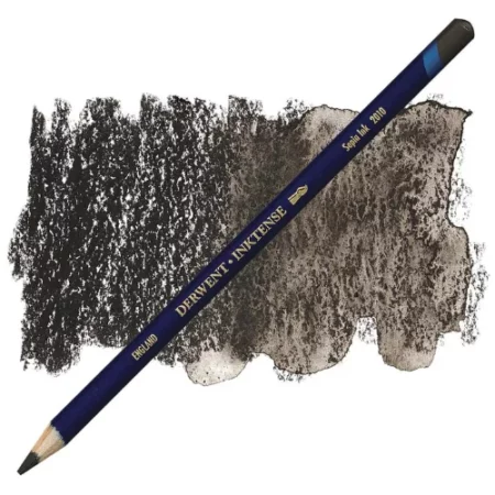 A single Sepia Ink Derwent Inktense Colour Pencil is shown diagonally across the center of the frame. The pencil is pointing with it's lead facing towards the bottom left hand corner. The barrel of the pencil is blue and the end of the pencil is colour dipped to match the colour of the lead for easy identification. There is text down the barrel of the pencil with the colour name and brand name. There is a colour swatch of the pencil in the background, that runs horizontally across the center of the frame. The image is center of the frame and on a white background.