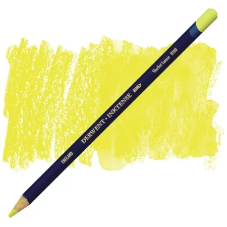 A single Sherbert Lemon Derwent Inktense Colour Pencil is shown diagonally across the center of the frame. The pencil is pointing with it's lead facing towards the bottom left hand corner. The barrel of the pencil is blue and the end of the pencil is colour dipped to match the colour of the lead for easy identification. There is text down the barrel of the pencil with the colour name and brand name. There is a colour swatch of the pencil in the background, that runs horizontally across the center of the frame. The image is center of the frame and on a white background.