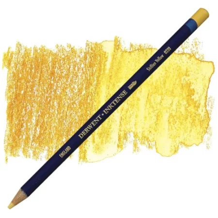 A single Sicilian Yellow Derwent Inktense Colour Pencil is shown diagonally across the center of the frame. The pencil is pointing with it's lead facing towards the bottom left hand corner. The barrel of the pencil is blue and the end of the pencil is colour dipped to match the colour of the lead for easy identification. There is text down the barrel of the pencil with the colour name and brand name. There is a colour swatch of the pencil in the background, that runs horizontally across the center of the frame. The image is center of the frame and on a white background.