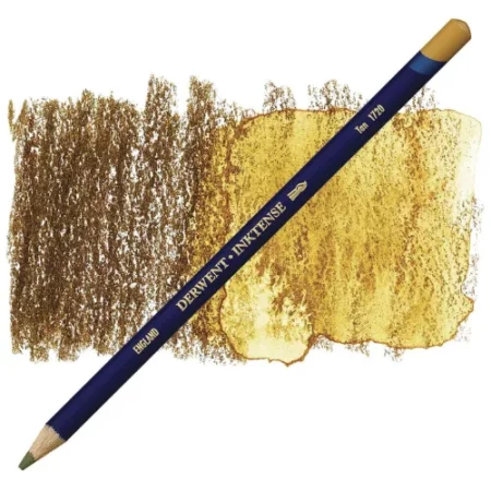 A single Tan Derwent Inktense Colour Pencil is shown diagonally across the center of the frame. The pencil is pointing with it's lead facing towards the bottom left hand corner. The barrel of the pencil is blue and the end of the pencil is colour dipped to match the colour of the lead for easy identification. There is text down the barrel of the pencil with the colour name and brand name. There is a colour swatch of the pencil in the background, that runs horizontally across the center of the frame. The image is center of the frame and on a white background.